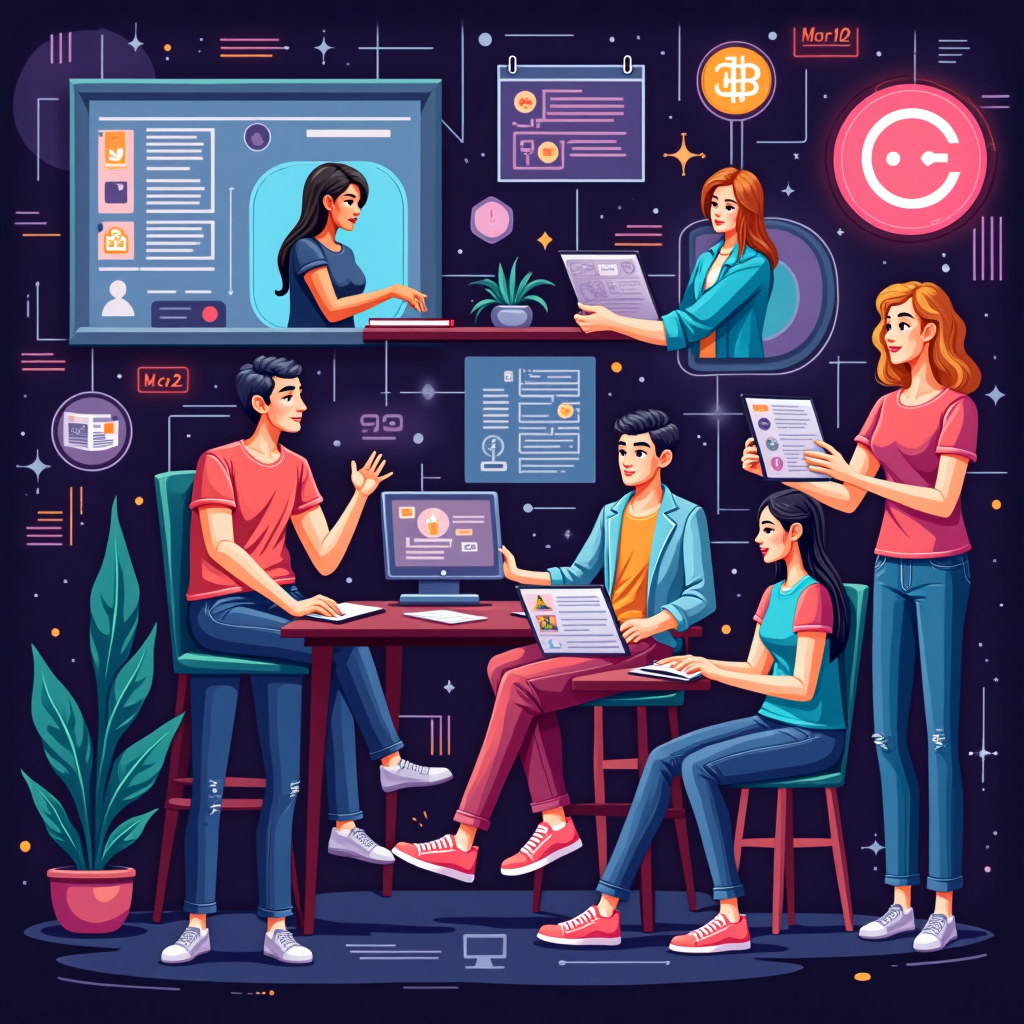 Diverse community of blockchain enthusiasts collaborating